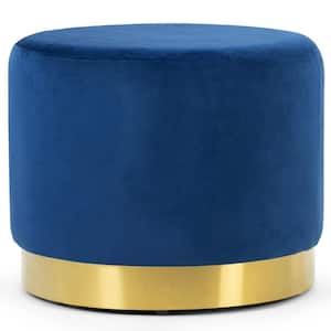 Anna Blue Velvet with Golden Accent Base Large Size Round Footstool Ottoman