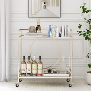 Modern Champaign Gold Rolling Bar Cart with Mirrored Shelves