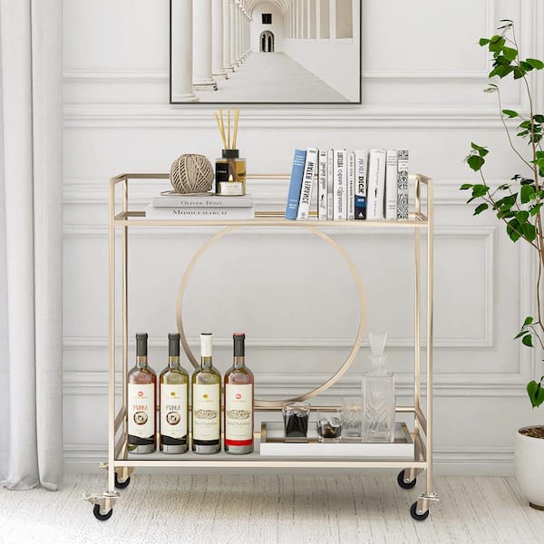 RiteSune Modern Champaign Gold Rolling Bar Cart with Mirrored Shelves