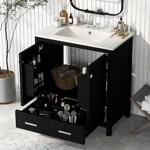 30 in. W x 18 in. D x 34 in. H Bath Vanity in Black with White Ceramic Top, Multifunctional Storage and Single Sink