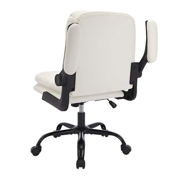 Office Chair Faux Leather Swivel Ergonomic Task Chair in White with Flip-up Armrest and Thickened Cushion