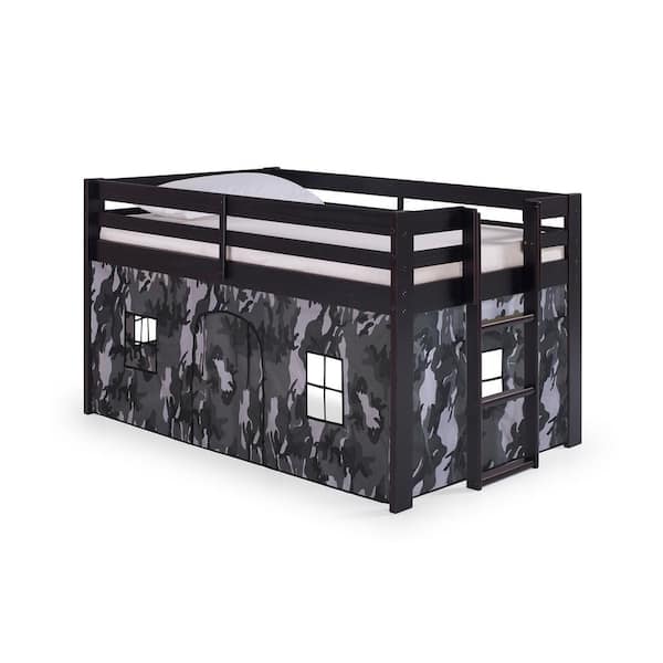 Alaterre Furniture Jasper Espresso with Gray Camouflage Bottom Playhouse Tent Twin Junior Loft Bed