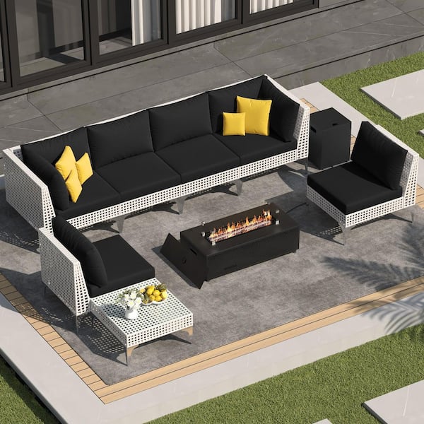 9-Piece Outdoor Fire Pit Patio Set Conversation Set with Plaid LED Fire Pit Table, Black Cushions and 2 Coffee Tables