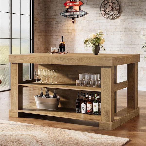 TRIBESIGNS WAY TO ORIGIN Vintage Rectangular 55 in. Industrial Brown 3-Tier Storage Shelf High Bar Pub Kitchen Patio Dining Table Wood Cocktail