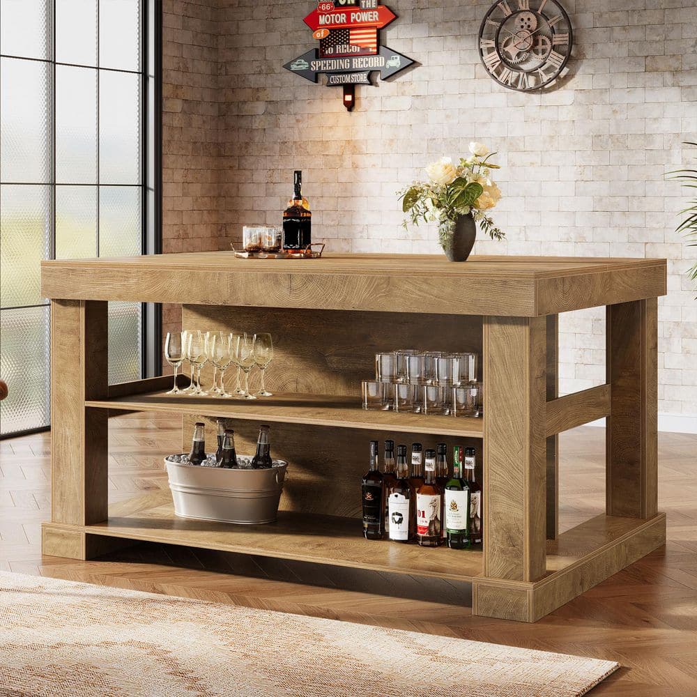 Alan 63 in. Brown Wood Grain Finished Kitchen Island 2 Tier Open Storage Shelves Modern Simple Bar (2 Separate Packages)