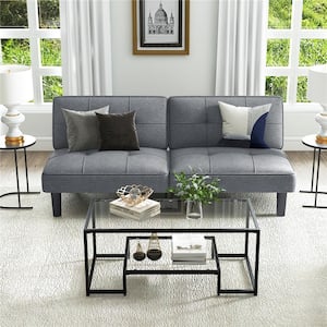 64 in. Gray Full Size Linen Fabric 6-Position Sofa Bed with Adjustable Backrest Cushion