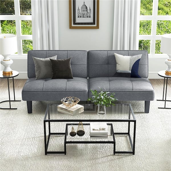Costway 64 in. Gray Full Size Linen Fabric 6-Position Sofa Bed with Adjustable Backrest Cushion