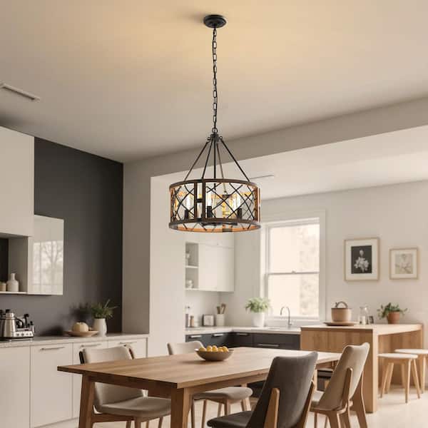 Emeritpro 5-Light Black Drum Chandelier with Metal and Dark Brown