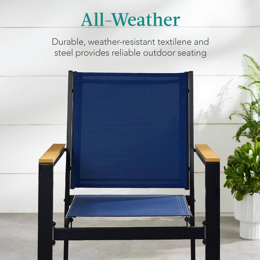 Set of 2 Blue Metal Armchairs with Wooden Armrests