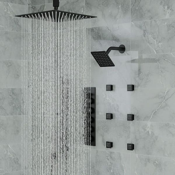 15-Spray Patterns 16 and 6 in. Ceiling Mount Dual Shower Head and Handheld with Sliding Bar 2.5 GPM in Matte Black