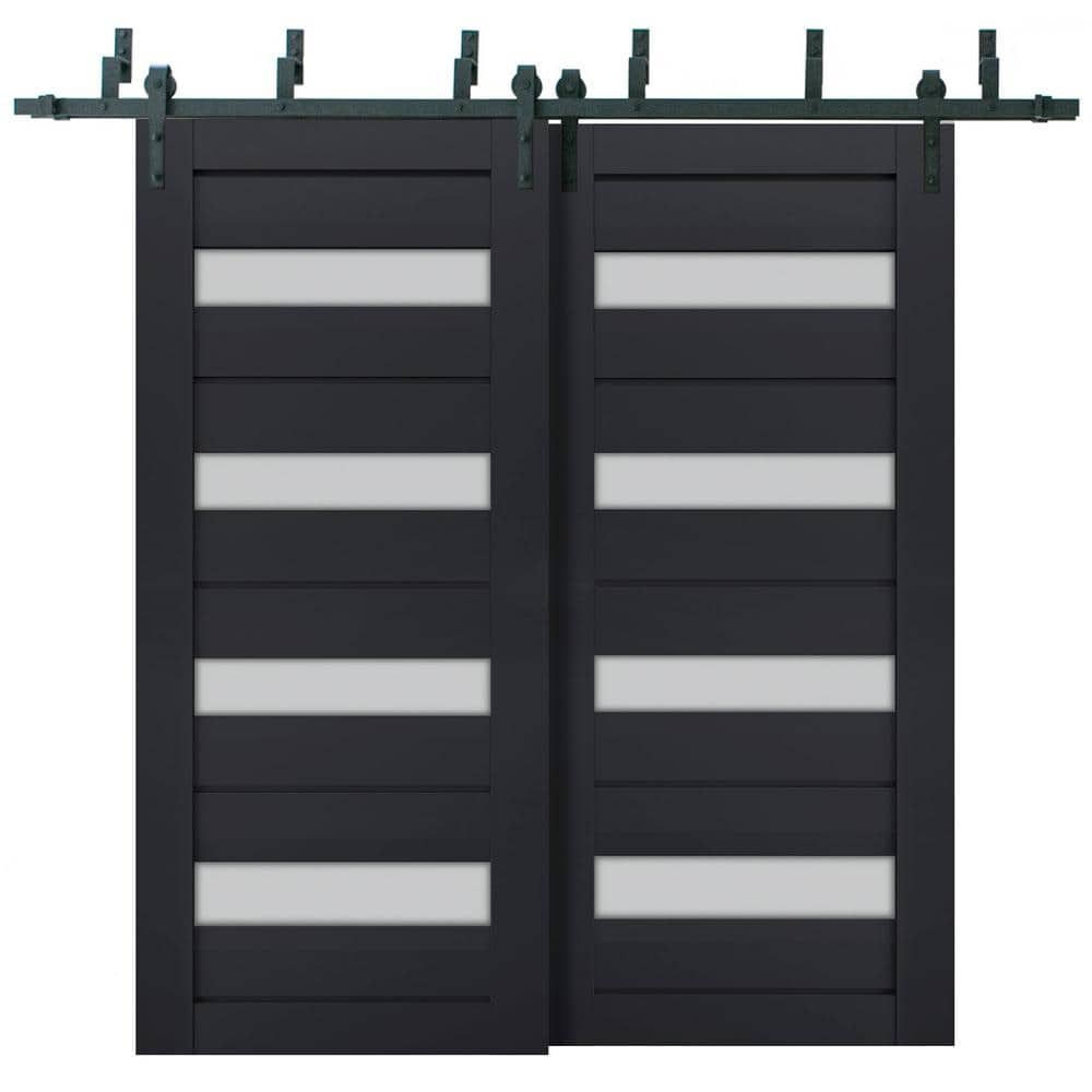 64 in. x 80 in. 2 Panel Frosted Glass Antracite Solid Wood Sliding Barn Door with Hardware Kit price history on PriceWatchPro