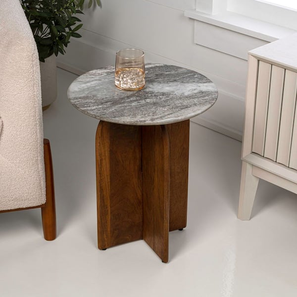 Naomi 15.75 in. Rustic Minimalist Round Marble/Wood X-Base Accent Table, White Marble/Honey Wood