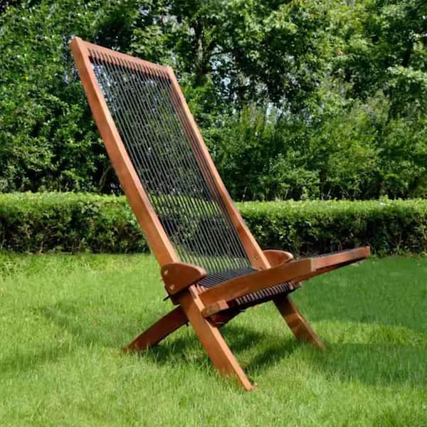 Natural Folding Roping Wood Patio Lounge Chair (1-Pack)