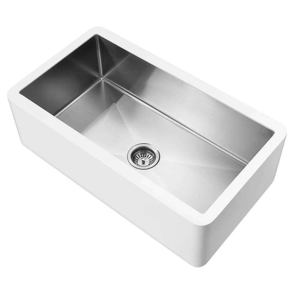 Apollo 36'' White Stone Farmhouse Kitchen Sink with Stainless Steel Interior