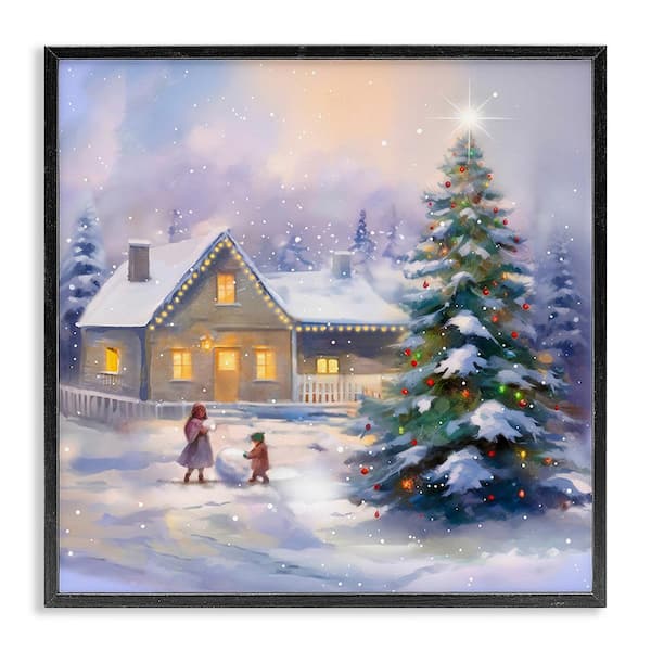 Stupell Industries Children Building Snowman by Enrico McGarrigle 1 Piece Framed Graphic Print Nature Poster Art Print 24 in. x 24 in.