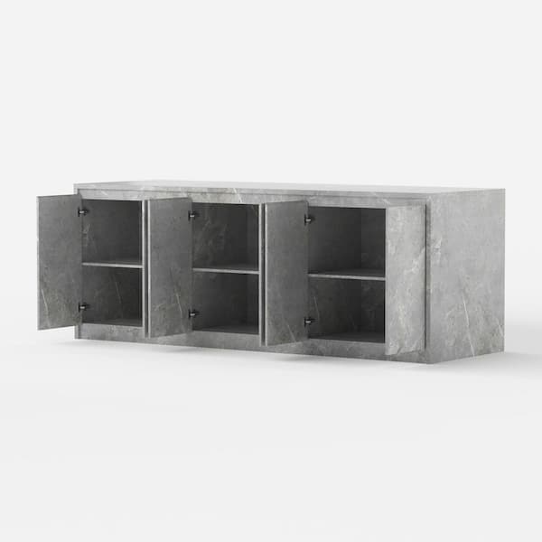 Gray Solieri Marble Finish Wood Top 94.5 in. Kitchen Island with Handleless Beveled Doors and Large Storage
