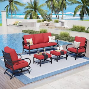 Black 5-Piece Metal Slatted 7-Seat Outdoor Patio Conversation Set with Red Cushions 2 Rocking Chairs 2 Ottomans