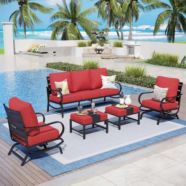 PHI VILLA Black 5-Piece Metal Slatted 7-Seat Outdoor Patio Conversation Set with Red Cushions 2 Rocking Chairs 2 Ottomans