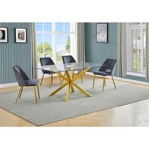 Tom 5-Piece Rectangle Glass Top With Gold Stainless Steel Table Set, Seats 4-Dark Gray Velvet Chair.