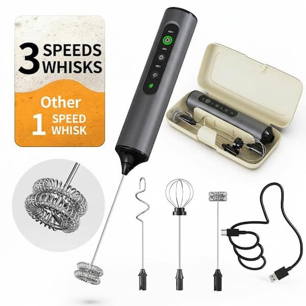 Stainless Steel Handheld Milk Frother Wand Electric Drink Mixer 3-Speed 3-Whisks Storage Box Black 1-Piece, Black