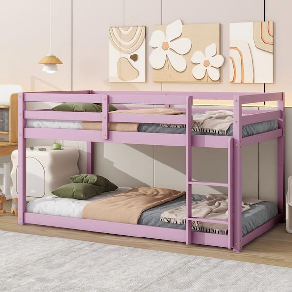 Alina Pink Twin Over Twin Bunk Bed with Ladder and Guardrails