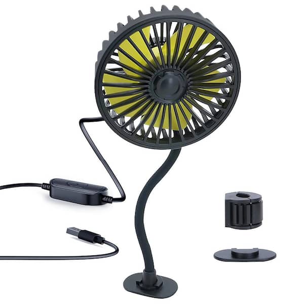 360 Rotatable Portable USB Powered 4 in. 3 fan speeds Desk Fan in Black, Car Cooling for Backseat Dashboard Window Clip