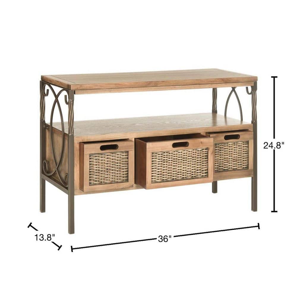 Transitional Joshua Oak 3-Drawer Console Table with Twisted Metal Frame
