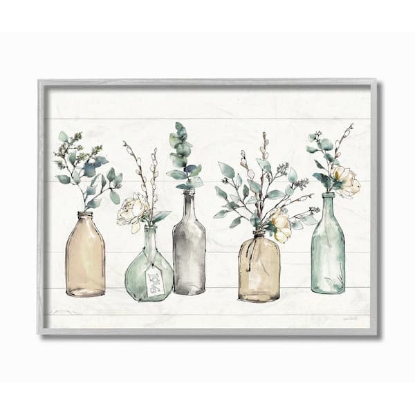 Stupell Industries 11 in. x 14 in. "Bottles And Plants Farm Wood Textured Design" by Anne Tavoletti Framed Wall Art