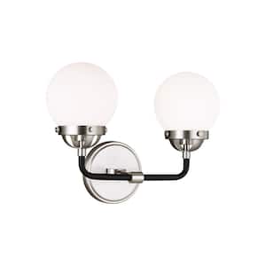 Cafe 14 in. W 2-Light Brushed Nickel Vanity Light with Etched/White Glass Shades and Matte Black Frame Accents