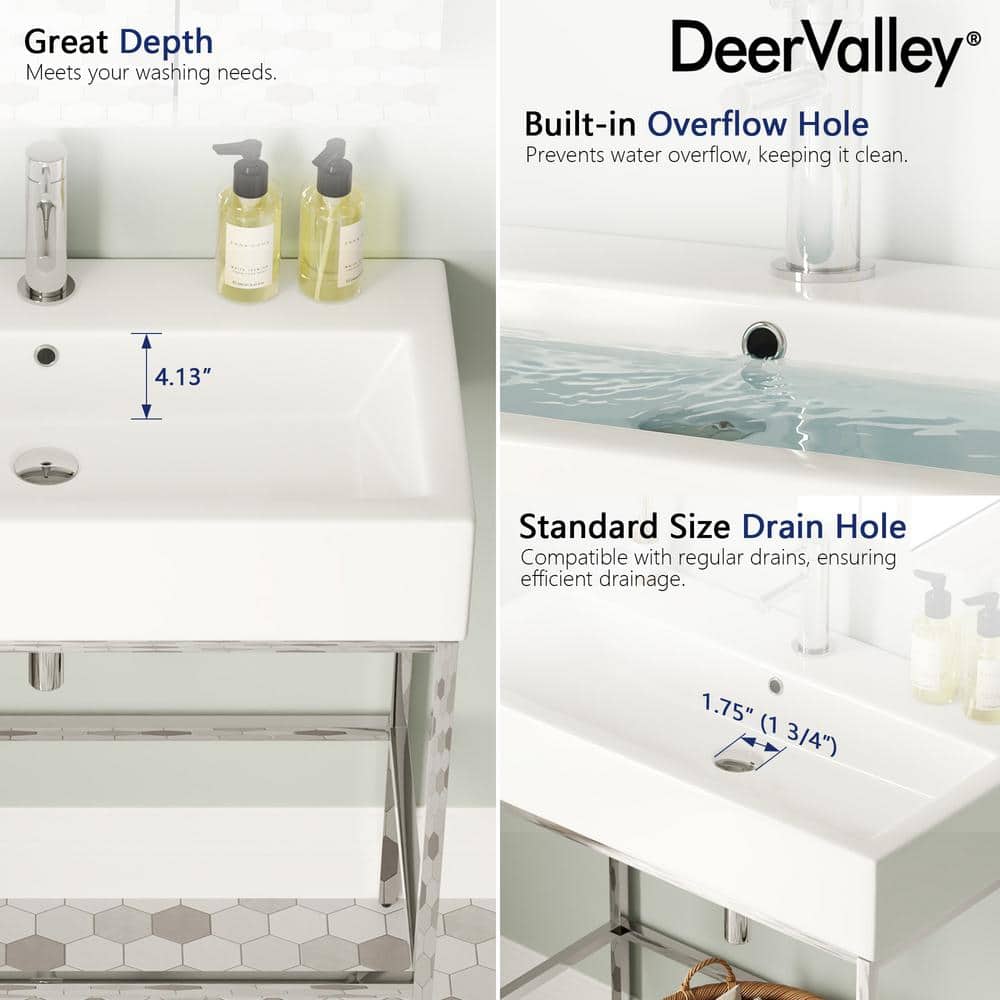 Silver Ceramic Wall-Mount Console Bathroom Sink with Overflow
