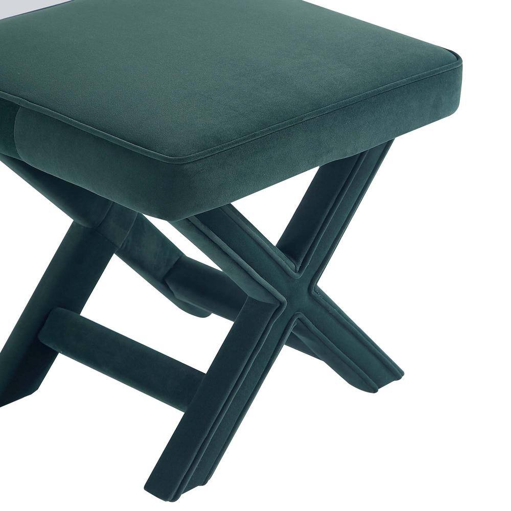 Green Velvet Upholstered Ottoman with X-Crossed Legs