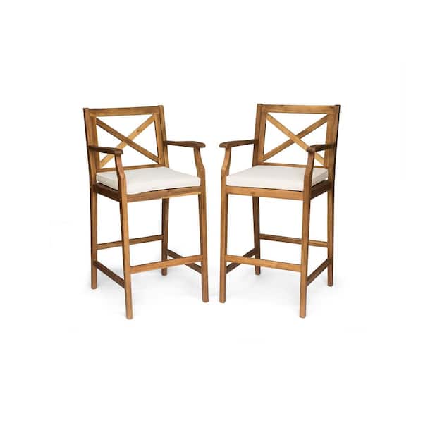 Perla Teak Brown Wood Outdoor Patio Bar Stool with Cream Cushion (2-Pack)