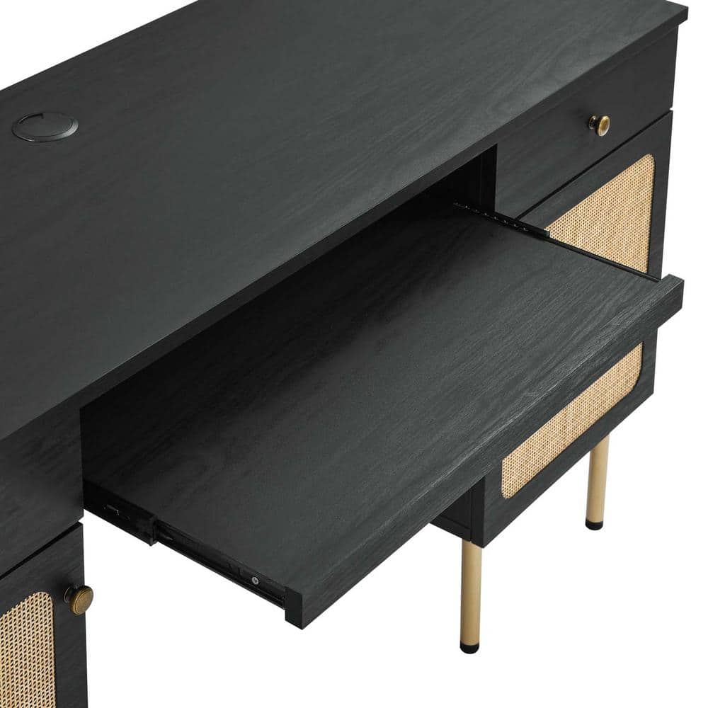Executive Black Wood Desk with Rattan Weave Drawers and Keyboard Tray