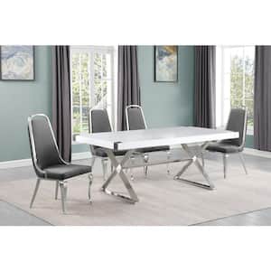 Miguel 5-Piece Rectangle White Wood Top Silver Stainless Steel Dining Set with 4-Dark Grey Velvet Chairs.