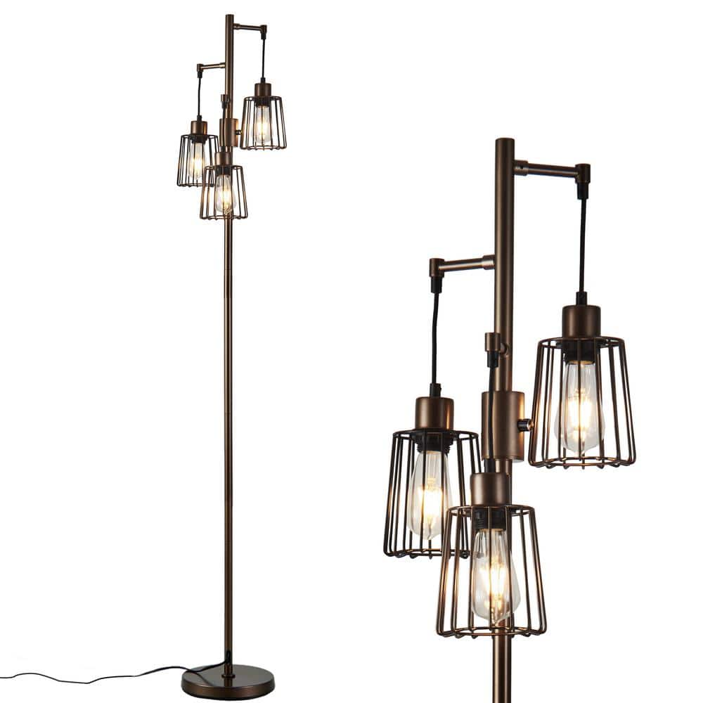 70 in. Brown LED Tree Floor Lamp with 3 Cage Shades and Edison Bulbs