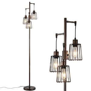 70 in. Brown LED Tree Floor Lamp with 3 Cage Shades and Edison Bulbs