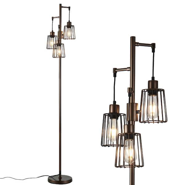 Unbranded 70 in. Brown LED Tree Floor Lamp with 3 Cage Shades and Edison Bulbs