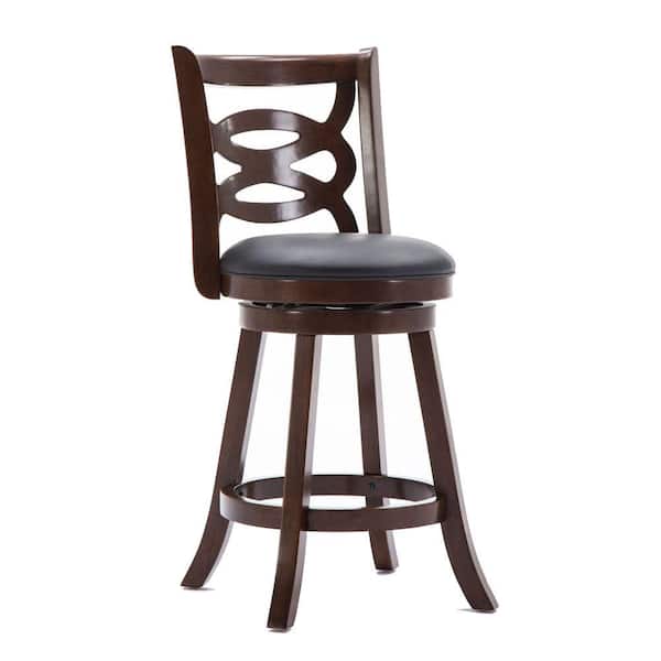Benjara 37.5 in. H Solid Wood Dark Brown High Back Counter Stool with Open Geometric Curved Back