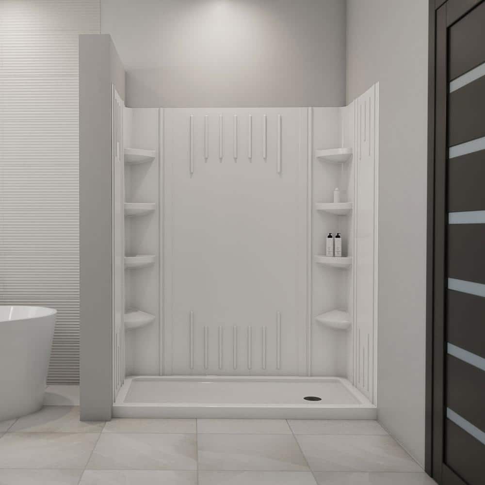 White Acrylic Square Alcove Shower Kit with Shelves