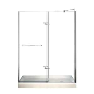 Reveal 60 in. x 76.5 in. Frameless Pivot Shower Door in Chrome with 60 in. x 32 in. Right Drain Base in White