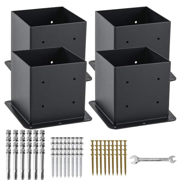 6x6 Post Base 4 Pcs, Solid Steel Black Powder Coated Deck Post Anchors, 13GA Thick for Pergola Fence Kit