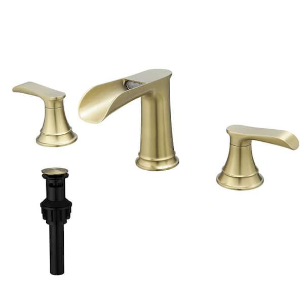 Fapully 8 in. 3 Hole Double Handle Bathroom Faucet, Waterfall Bathroom Sink Faucet in Brushed Gold