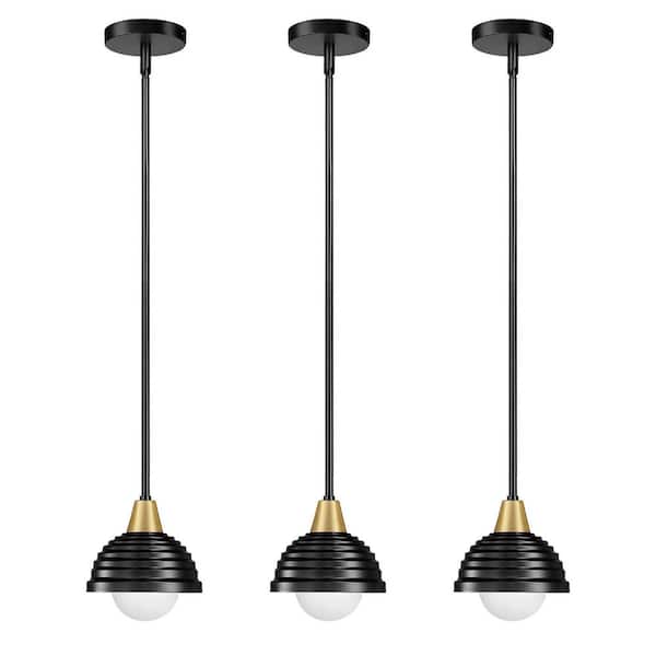 60-Watt 1 Light Black and Gold Pendant Light with Dome Metal Shade Hanging Light Fixture For Kitchen Island (Set of 3)