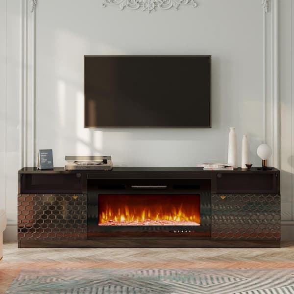 Boyel Living Black TV Stand Fits TVs up to 70 in. with Two of Shelves and 36 inch- Electric Fireplace