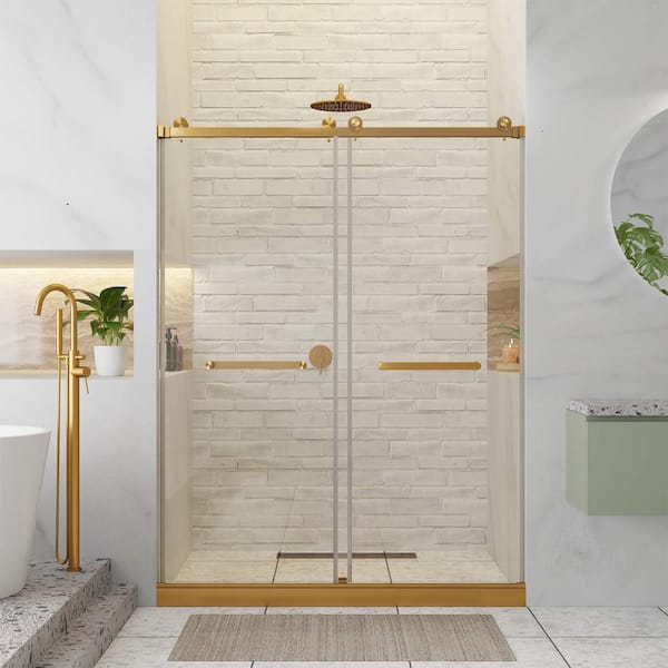 FINE FIXTURES 48 in. W x 80 in. H Double Sliding Frameless Shower Door in Satin Brass with Tempered Clear Glass