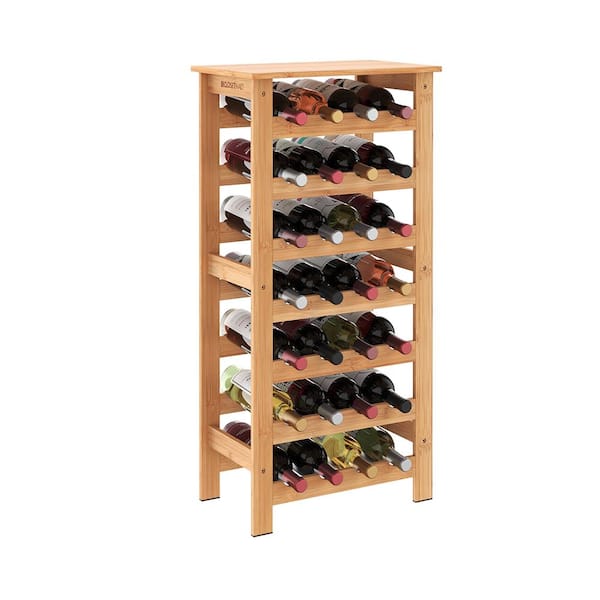 URFORESTIC 28-Bottle Wine Rack Made of Natural Bamboo Wood with Table Top 7-Tier Free Standing Storage Shelves Wobble-Free for Kitchen Bar Dining or Living Room Dark Brown 