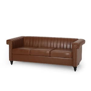 Gambier 83 in. Cognac Brown and Dark Brown Faux Leather 3-Seats Sofa