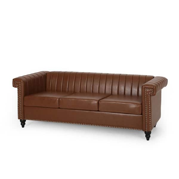 Noble House Gambier 83 in. Cognac Brown and Dark Brown Faux Leather 3 ...