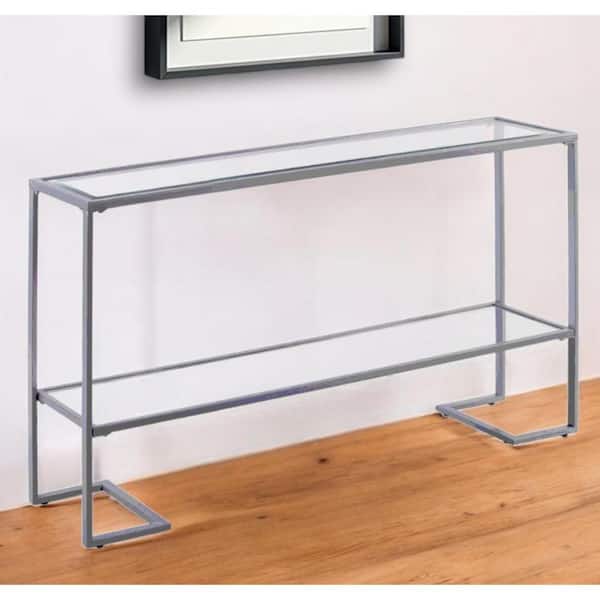 HomeRoots 16 in. Silver Rectangle Glass Console Table with Shelves