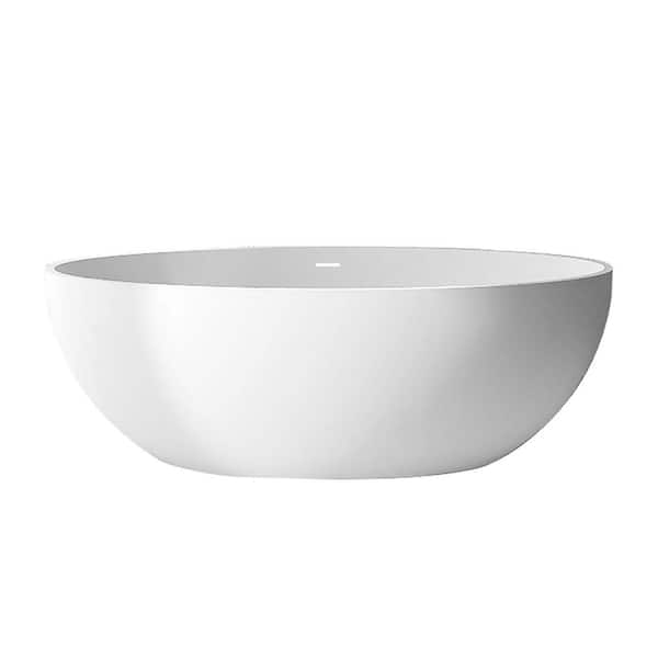 67 in. x 31 in. Oval Freestanding Solid Surface Soaking Bathtub with Center Drain in Matte White